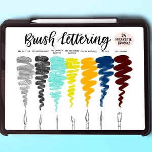 Puede incluir: Una pantalla de tableta digital que muestra un conjunto de 25 pinceles Procreate para la caligraf&iacute;a. Los pinceles se muestran en diferentes colores y texturas, incluyendo brillo, luz de luna, brillo grueso, brillo texturizado, au naturel, aceitoso y granulado.