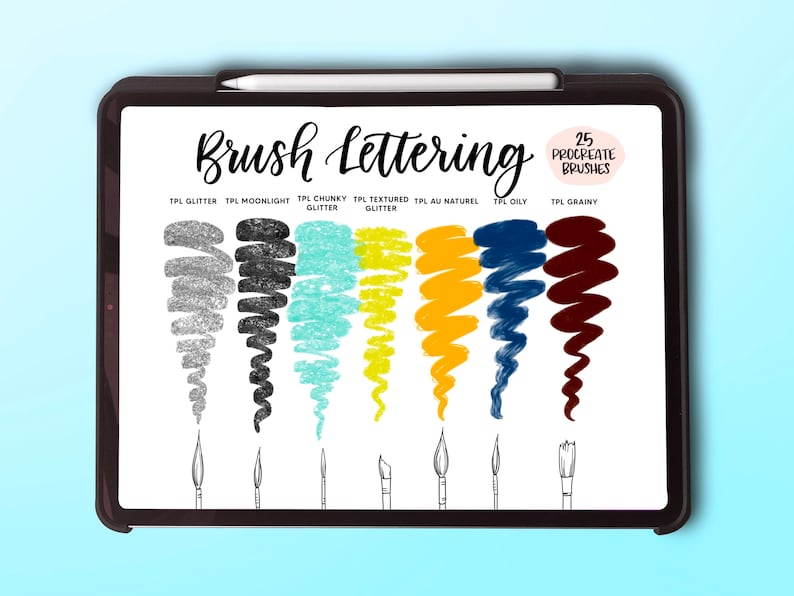 Puede incluir: Una pantalla de tableta digital que muestra un conjunto de 25 pinceles Procreate para la caligraf&iacute;a. Los pinceles se muestran en diferentes colores y texturas, incluyendo brillo, luz de luna, brillo grueso, brillo texturizado, au naturel, aceitoso y granulado.
