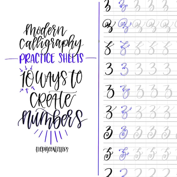 Modern Calligraphy Practice Sheets 10 Ways To Create Numbers Etsy