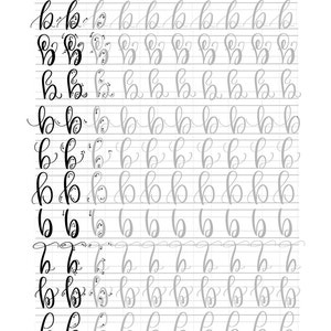 Puede incluir: Una hoja de trabajo con 10 formas diferentes de escribir la letra min&uacute;scula 'b' a mano. La hoja de trabajo est&aacute; dividida en 10 filas, cada una con un estilo diferente de 'b'. La hoja de trabajo se titula "10 formas de escribir el alfabeto a mano - b min&uacute;scula".