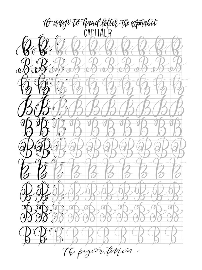 May include: A worksheet with 10 different ways to hand letter the capital letter B. The worksheet is on a grid background and includes the phrase "The pigeon letters".