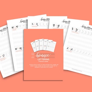 Puede incluir: Un conjunto de hojas de trabajo imprimibles para practicar la escritura de letras con rebote. Las hojas de trabajo presentan las letras W, X, Y, Z y el texto "bounce lettering practice guide".
