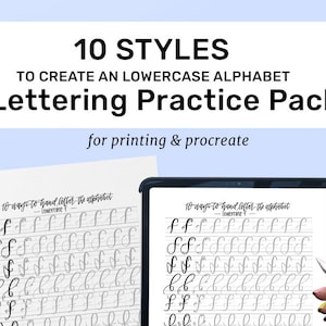 Puede incluir: Una tableta digital y una hoja de papel con un patr&oacute;n de cuadr&iacute;cula y el texto "10 ways to hand letter the alphabet" y m&uacute;ltiples ejemplos de la letra "f" escrita en diferentes estilos. El texto "Lettering Practice Pack" se muestra en un cuadro blanco con un contorno negro. El texto "for printing & procreate" se muestra debajo del cuadro.