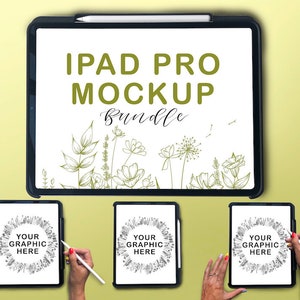 May include: Three iPad Pro mockups with black bezels and white screens. The top iPad has the text "iPad Pro Mockup Bundle" on the screen. The other two iPads have a circular design on the screen with the text "Your Graphic Here".