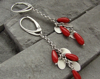 Sterling silver, oxidized silver and coral - gentle long earrings