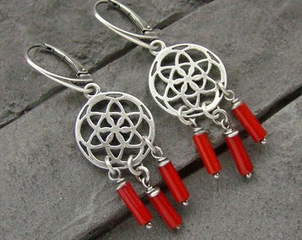 Sterling silver and coral - chandelier earrings/oxidized silver