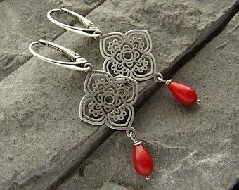 Sterling silver and coral - chandelier earrings/oxidized silver