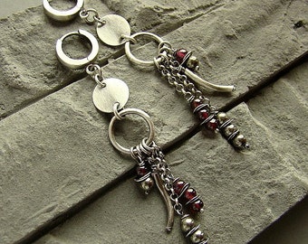 Sterling silver garnet and pyrite - long earrings/oxidized silver