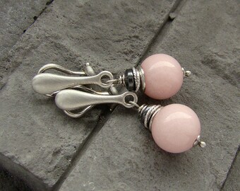 Sterling silver clip on earrings/oxidized silver and light rose jade