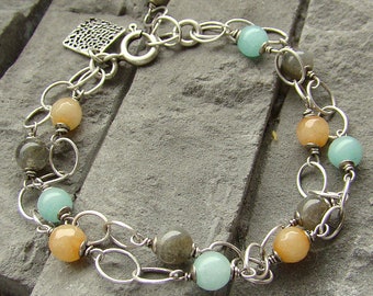 Sterling silver, mint jade, peach jade, labradorite - multi bracelet