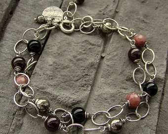 Sterling silver, rhodonite, garnet, black tourmaline and pyrite - multi bracelet