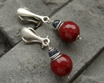 Sterling silver clip on earrings/oxidized silver, sapphire and red wine jade