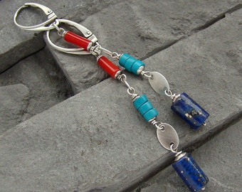 Sterling silver lapis lazuli turquoise coral long earrings/oxidized silver