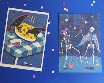 Postcard Crow & pie and Danse Macabre - A6 card linoprint illustration