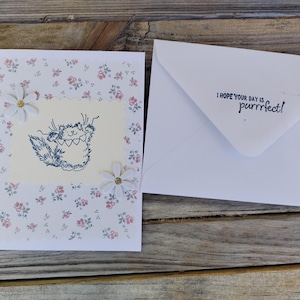 sweet cat and love hearts ink stamped notecard