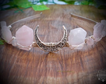 Rose Quartz cristal couronne lune couronne nuptiale mariage bandeau fée couronne anniversaire couronne cristal diadème boho poules nuit baby shower cadeaux