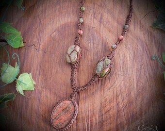 Unakite gemstone necklace unakite gemstone pendant macrame crystal necklace chunky unisex necklace gift ideas for them boho hippie gift idea