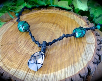 Macrame crystal necklace Malachite & raw  Clear Quartz crystal point boho jewellery unisex necklace healing crystal gift idea green gemstone