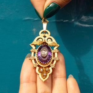 Victorian 18ct Gold Rose-Cut Diamond Amethyst Pendant- 0.70ct Old Rose-cut Diamond