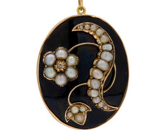 Antikes Perlenmedaillon aus 18-karätigem Gold mit schwarzer Emaille