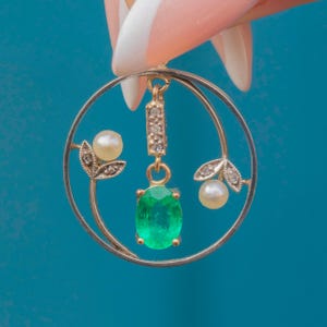 Edwardian 15ct Gold Emerald Diamond Flower Pendant, 0.46ct Emerald