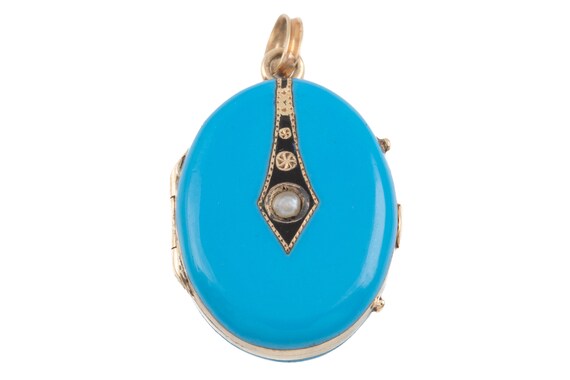 Antique 15ct Gold Blue Enamel Pearl Locket