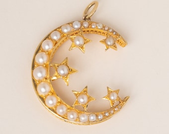 Victorian 18ct Gold Pearl Crescent Moon & Stars Pendant