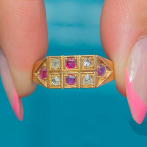 Antique 18ct Gold Ruby Diamond Chequerboard Ring, c.1876