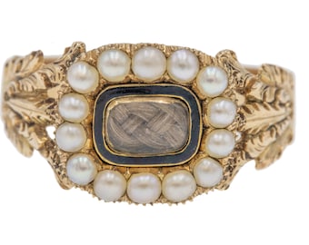 Georgian 15ct Gold Pearl Black Enamel Cluster Ring