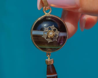 Victorian 9ct Gold Banded Agate Pendant with Pearl Diamond Flower