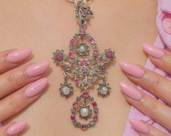 18th Century Georgian Iberian Ruby Diamond Pearl Pendant, Brooch