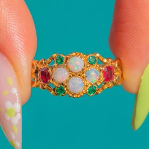 Antique 15ct Gold Opal Ruby Emerald Ring, Engraved Band, c.1862