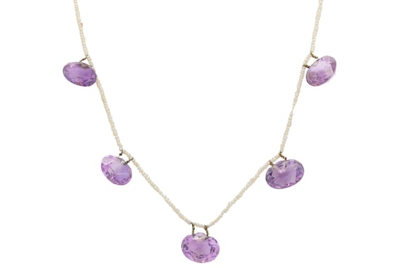 Edwardian 9ct Gold Amethyst & Seed Pearl Necklace… - image 1