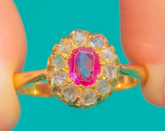 Antique 18ct Gold Ruby Rose-Cut Diamond Cluster Ring