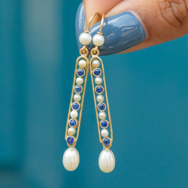 Edwardian 18ct Gold Sapphire Pearl Drop Earrings, 0.55ct.