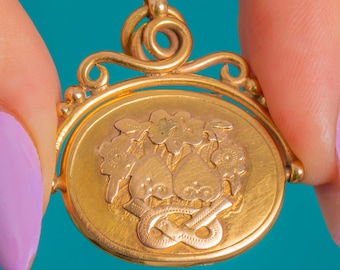 Antique 9ct Gold Double Heart Bow Spinner Locket c.1867
