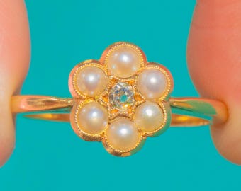 18ct Gold Antique Pearl Diamond "Star" Cluster Ring