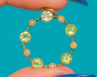 Antique 15ct Gold Peridot Pearl Roundel Pendant