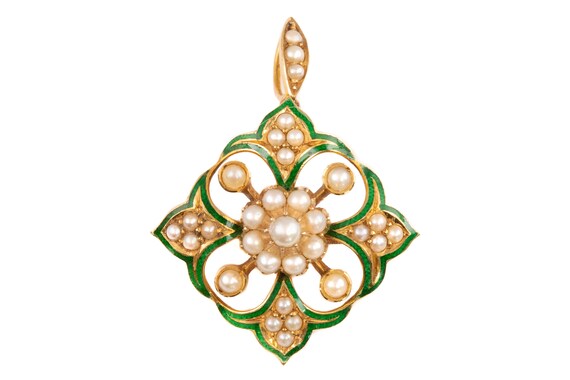 Antique 15ct Gold Pearl Enamel Pendant Brooch