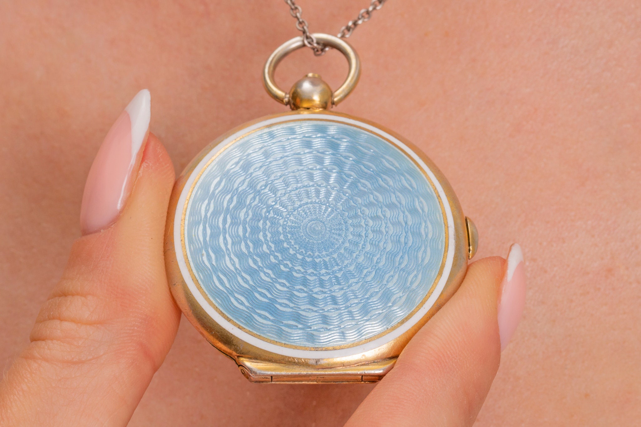 Art Deco Silver Blue Guilloch Enamel Mirror Compact Pendant