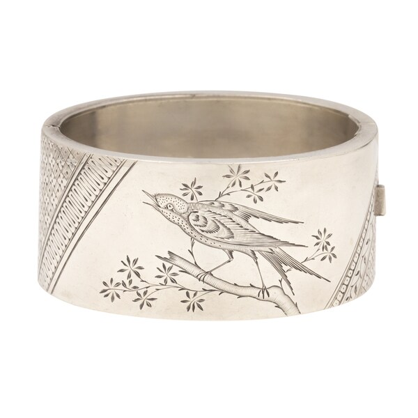 Victorian Aesthetic Engraved Silver Bird In Flight Cuff Bangle, 7"