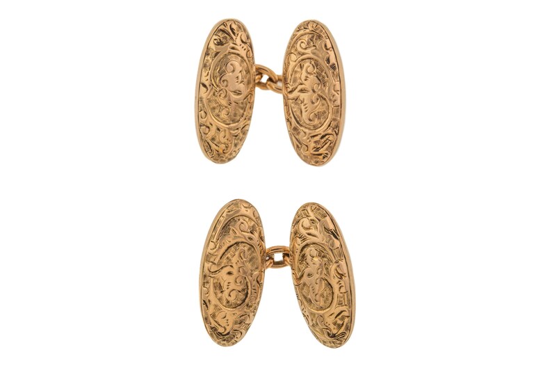 Antique 15ct Gold Engraved Cuff Links, 5.6g Antique 15ct Gold Engraved Cuff Links, 5.6g