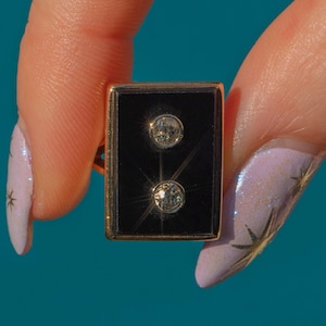 Art Deco 14 Karat Gold Onyx Diamant Panel Ring, Diamanten im Altschliff