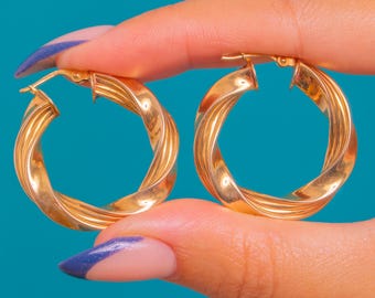 Chunky Vintage 9ct Gold Twist Hoop Earrings - 29mm Diameter