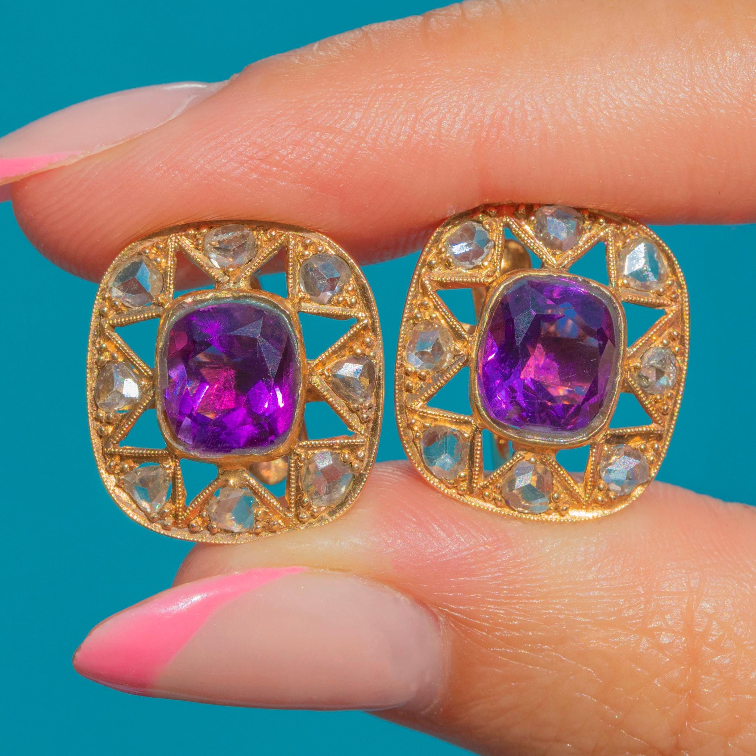 Fred Paris 18K Gold Amethyst and Diamond Earrings I have a 18k gold antique style amethyst & Diamond earrings leverback 4.4 grams main image 1