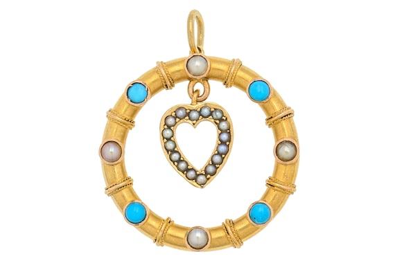 Antique 15ct Gold Heart Drop Turquoise Pearl Pend… - image 1