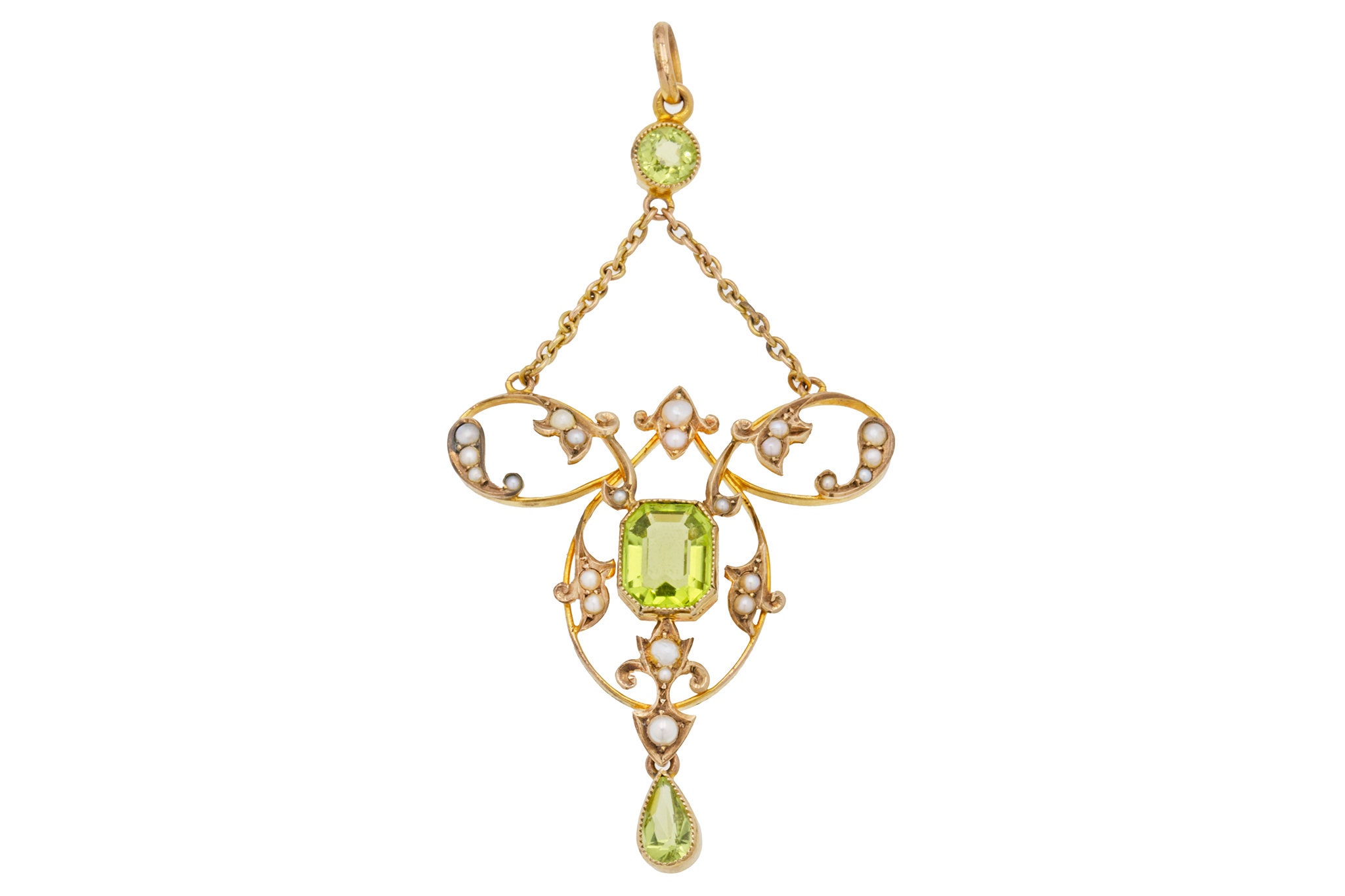 Antique Edwardian Gold Peridot & Seed Pearl Lavalier Necklace - Necklaces  from Cavendish Jewellers Ltd UK