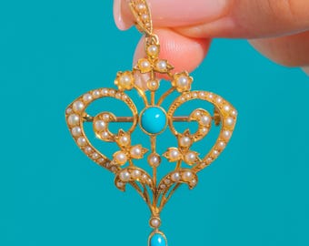 Art Nouveau 15ct Gold Pearl & Turquoise Pendant Brooch with Detachable Bail