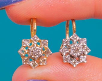 Stamped French 18ct Gold Flower Diamond Lever-Back Earrings