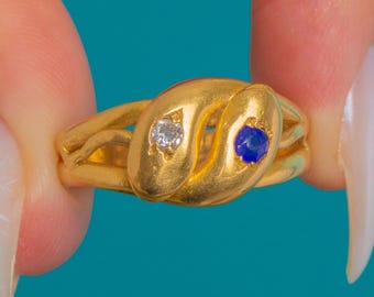 Victorian 18ct Gold Sapphire & Diamond Double Snake Ring